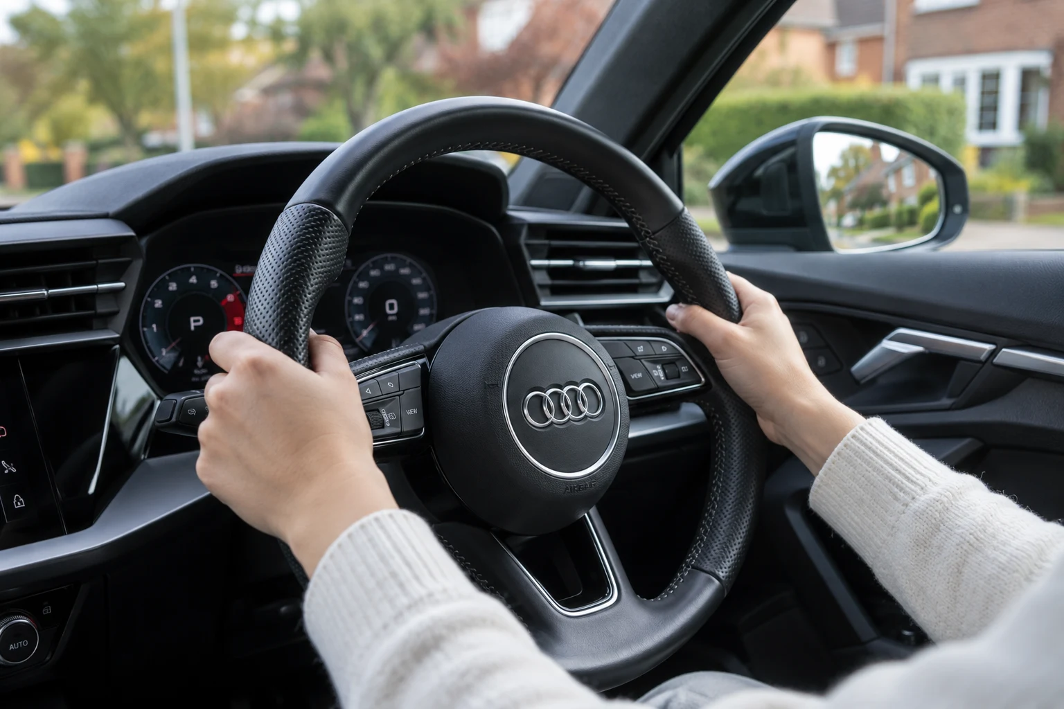 Learner practising steering in an Audi A3